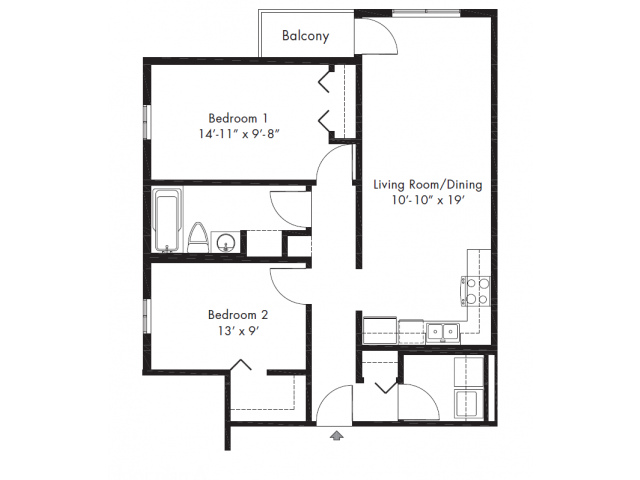 Floor plan for 2 beds, 1 bath, 823 sqft